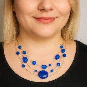 Multi-Strand Silver Blue Beads Illusion Style Necklace, Women Fashion Jewelry #1